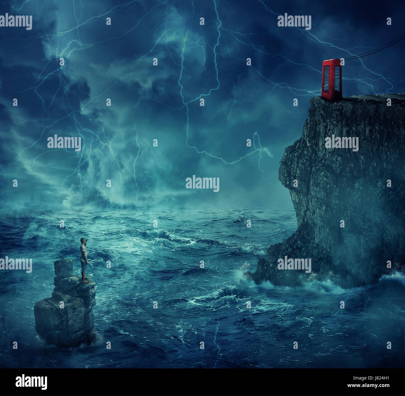 Lost man abandoned in the ocean standing on a rock island, in a stormy night with lightnings in the sky. Looking far at a cliff with a telephone box o Stock Photo