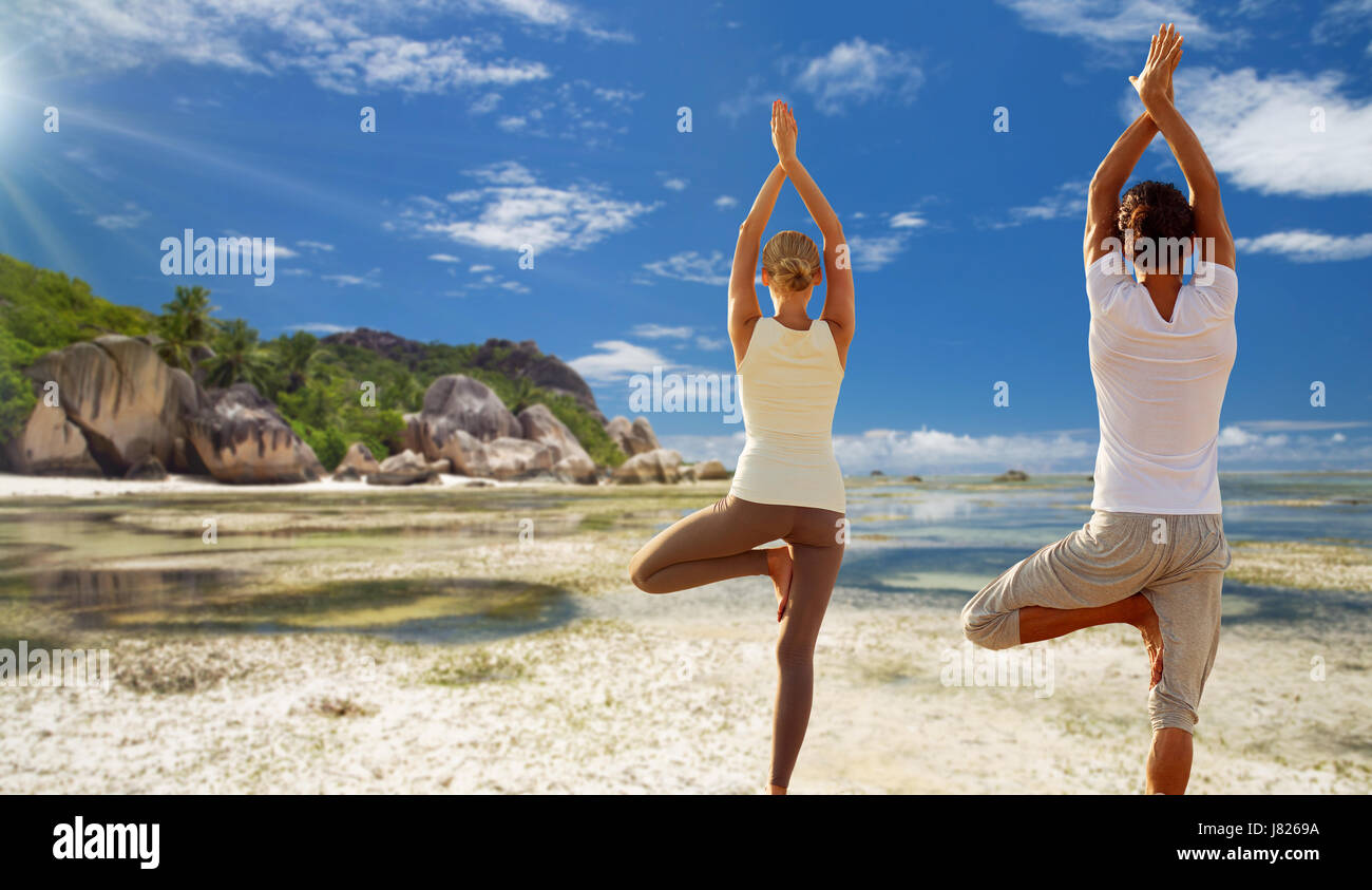 couple doing yoga tree pose outdoors Stock Photo - Alamy