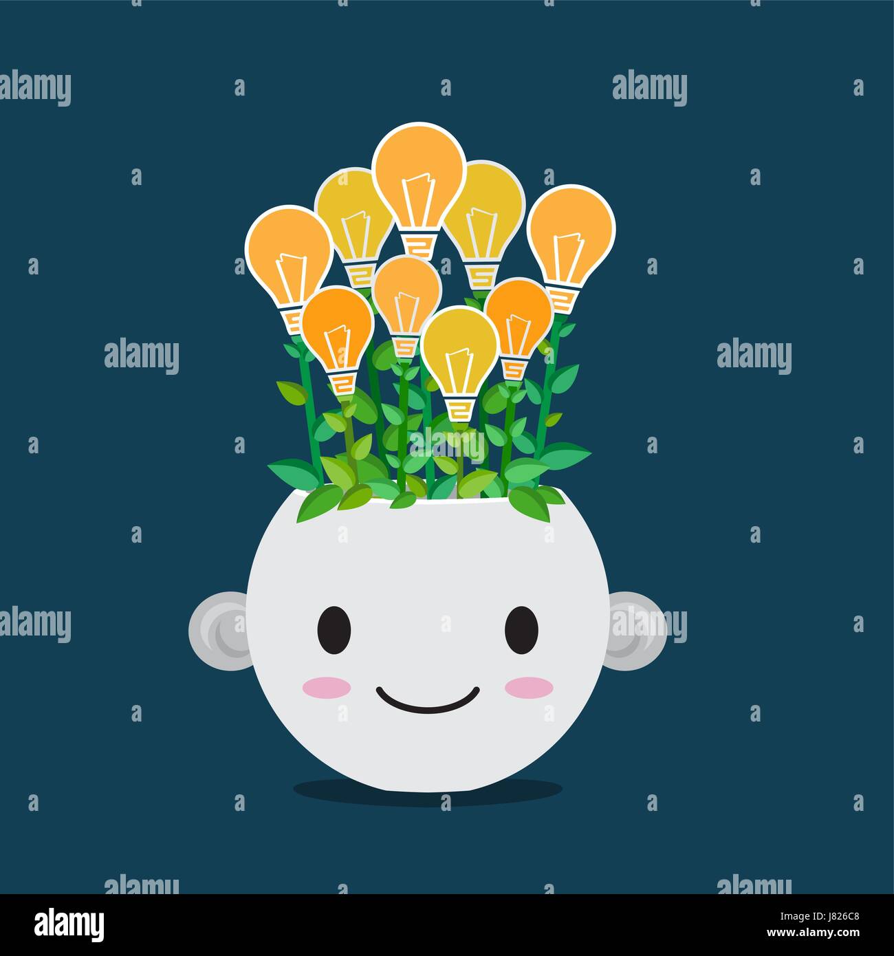 Flat style vector of Lightbulb plant in smiley pot. Cute cartoon for  good idea  concept Stock Vector