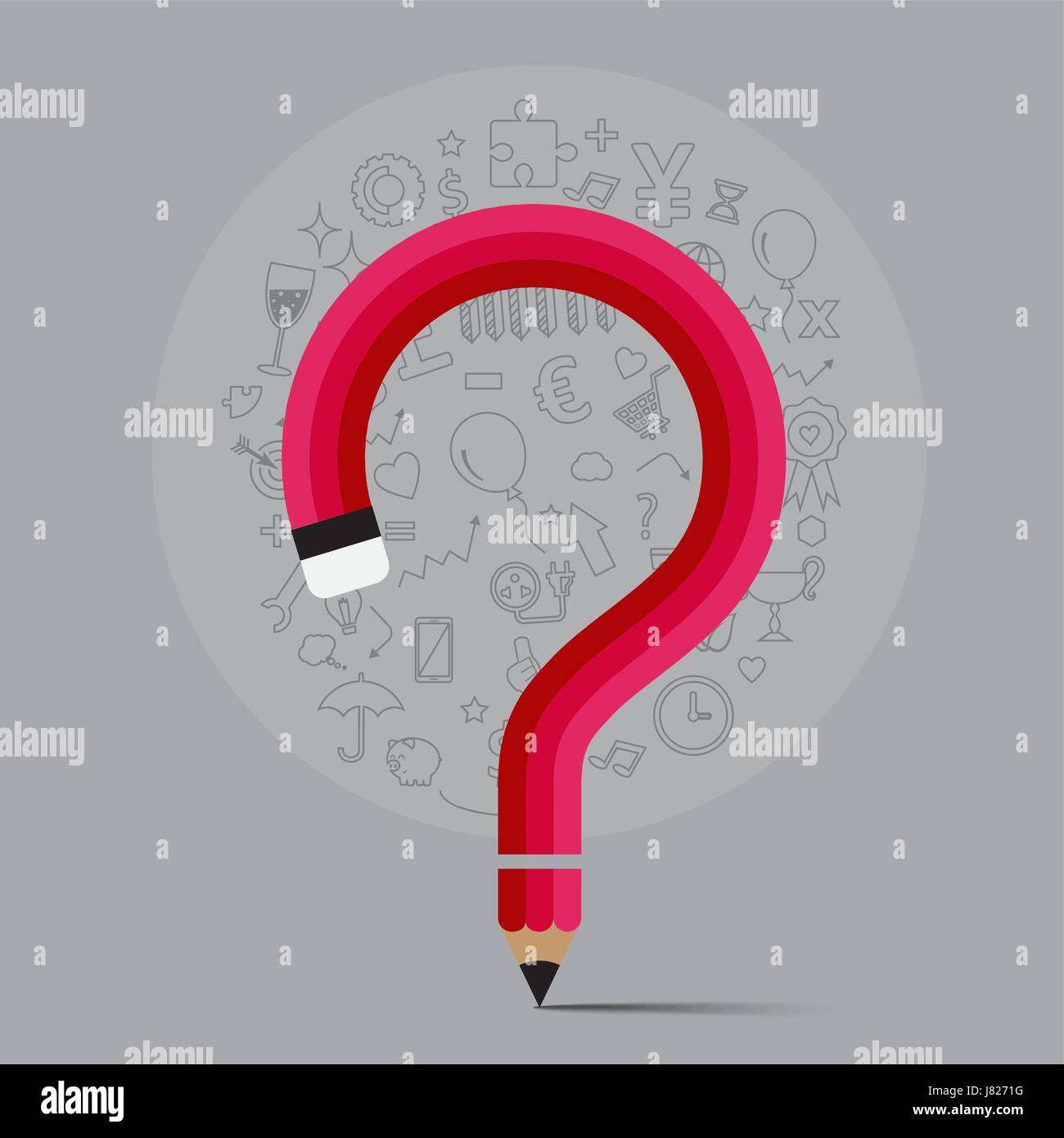 pencil bends shape to question mark form with icons, vector ...