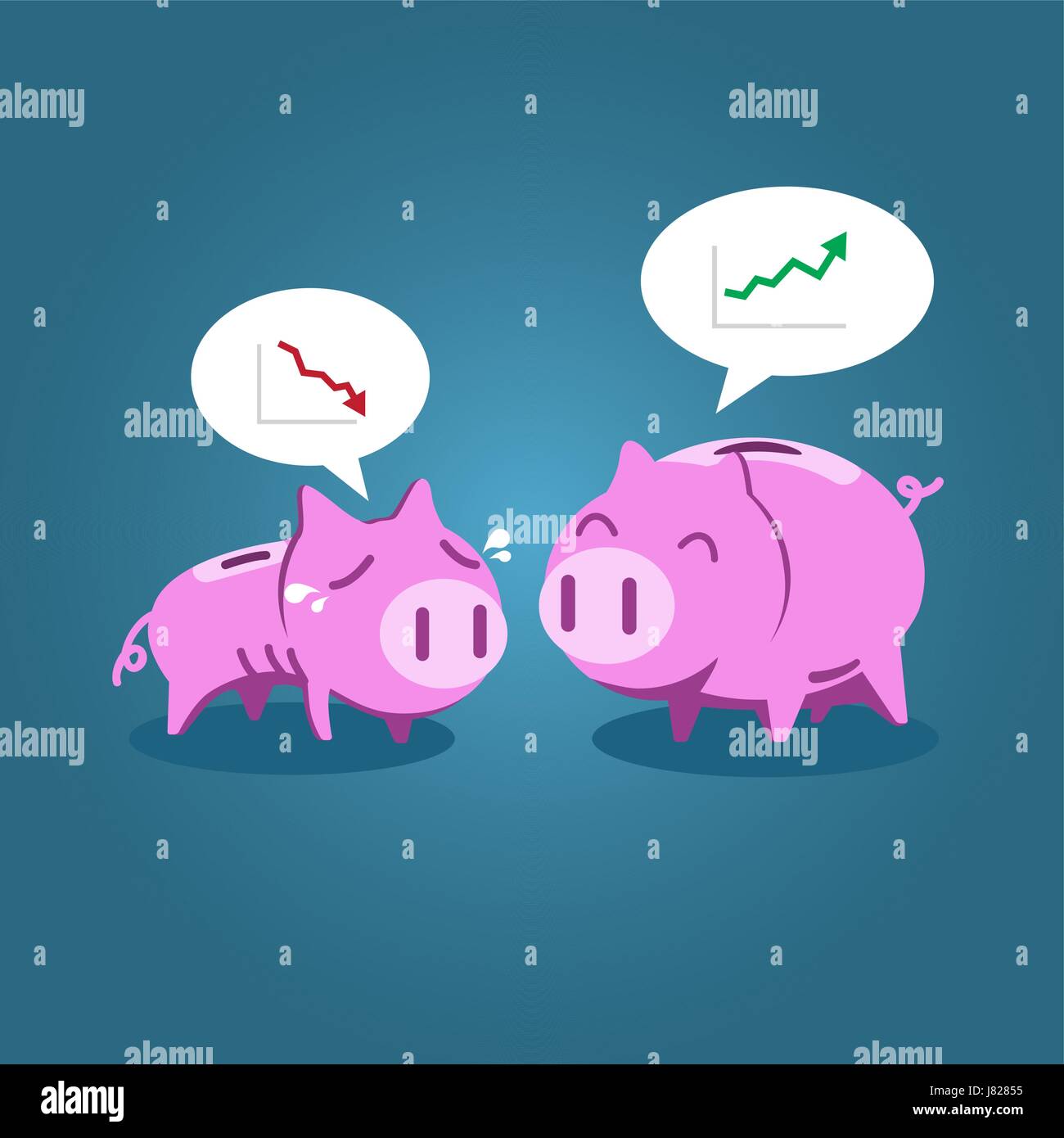 Fat and tiny piggy bank talking about financial situation, vector illustration for economic, investment or financial concept. Stock Vector