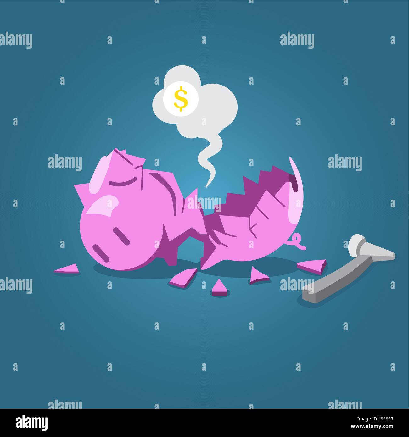 Broken piggy bank with hammer vector illustration for financial crisis ...