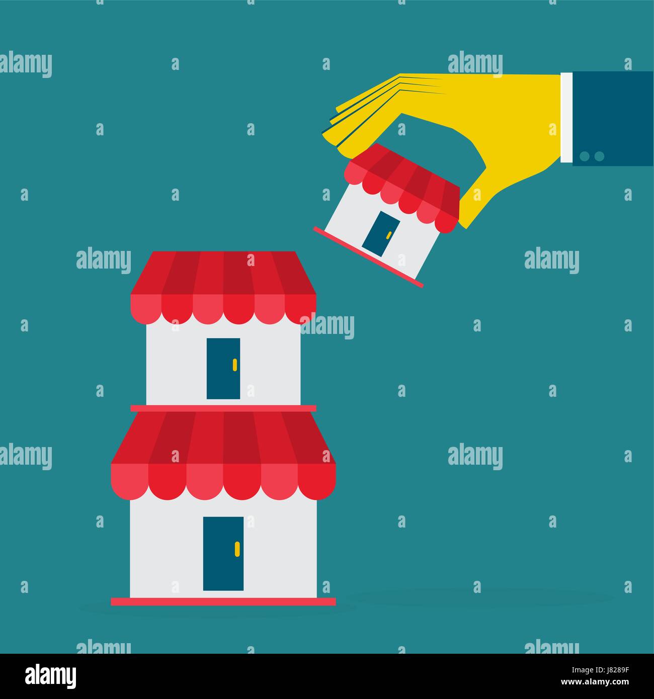 Businessman holding top of building stack. Vector illustration for ...
