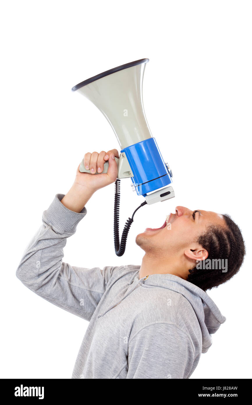strike demonstrater megaphone shouting agression aggression shout cry man talk Stock Photo