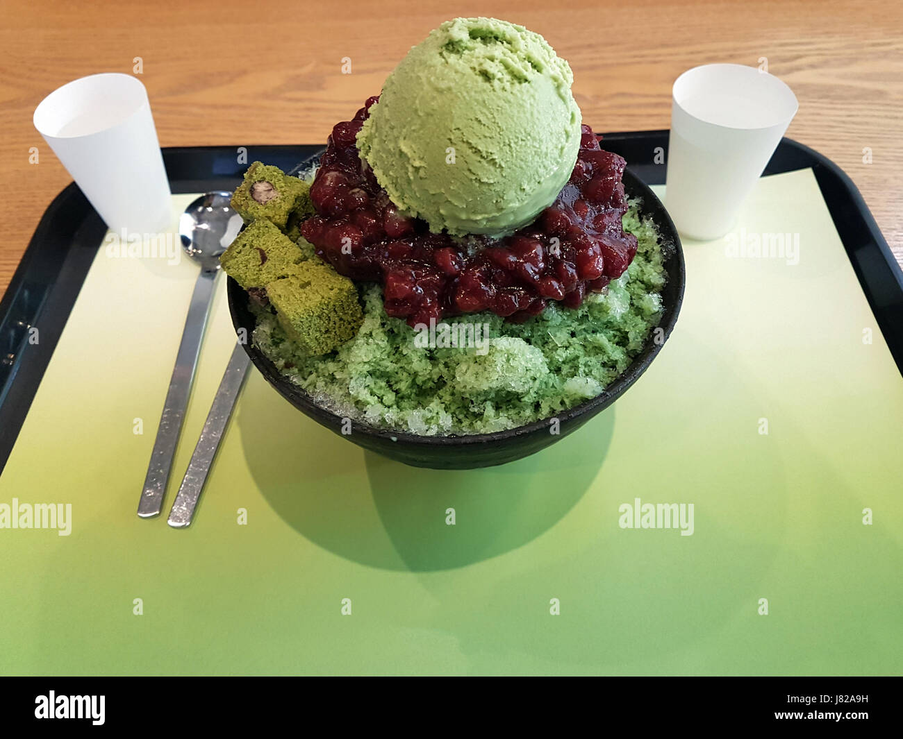 Green Tea Bingsu Korean Shaved Ice Dessert With Red Beans And Green 