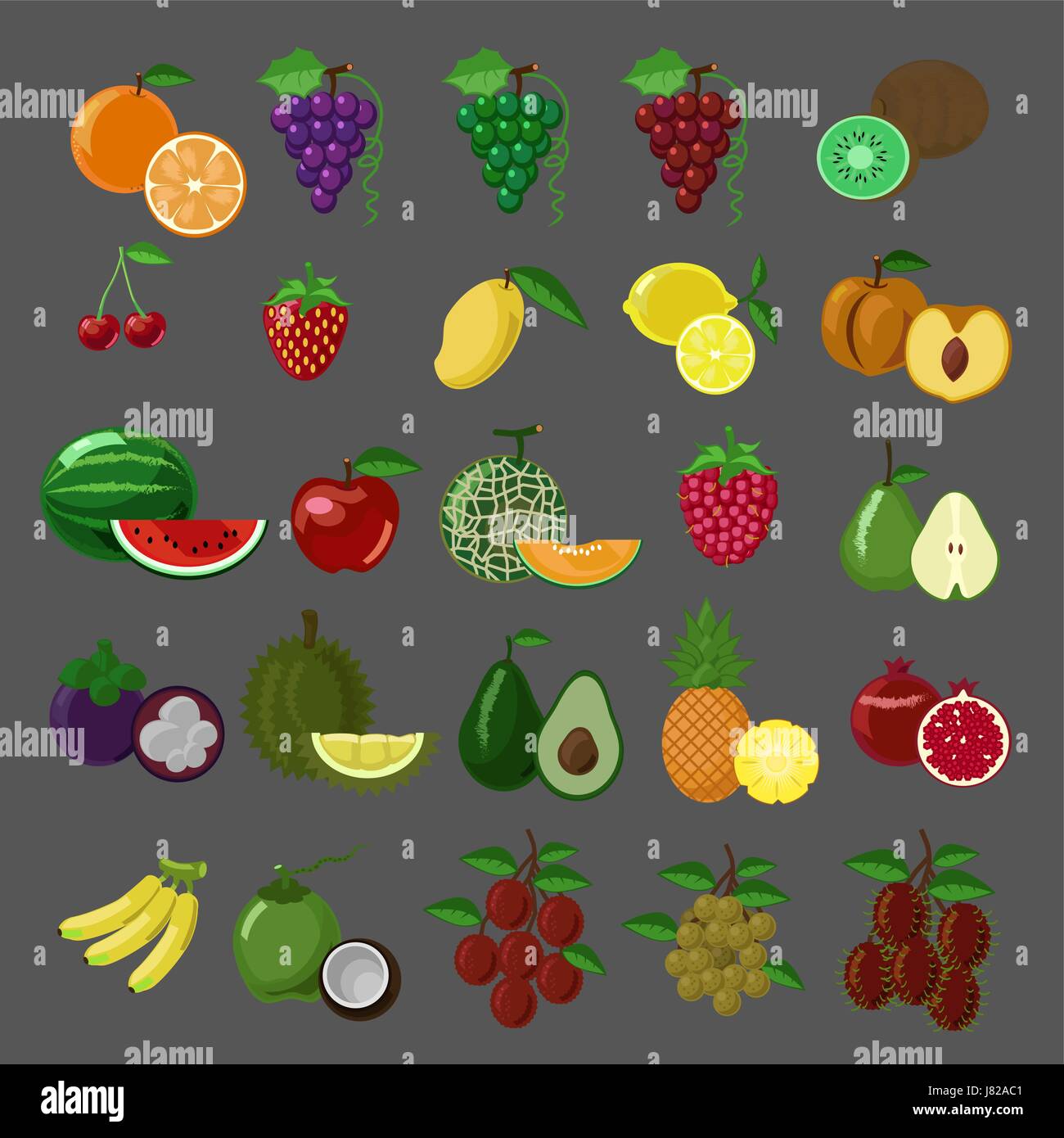 Flat style fruits vector icon set Stock Vector