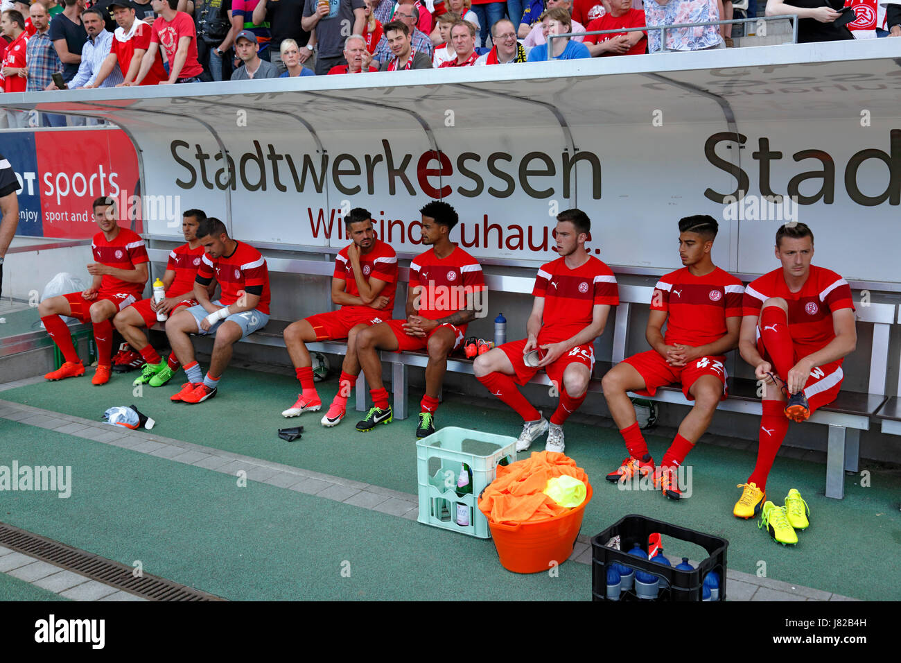 sports, football, Lower Rhine Cup, 2016/2017, final, Rot Weiss Essen vs MSV Duisburg 0:2, Stadium Essen, Hafenstrasse, substitutes bench RW Essen, f.l.t.r. keeper Manuel Lenz, Patrick Huckle, keeper Maksimilijan Milovanovic, Kasim Rabihic, Jeffrey Obst, Boris Tomiak, Ismail Remmo, Kamil Bednarski Stock Photo