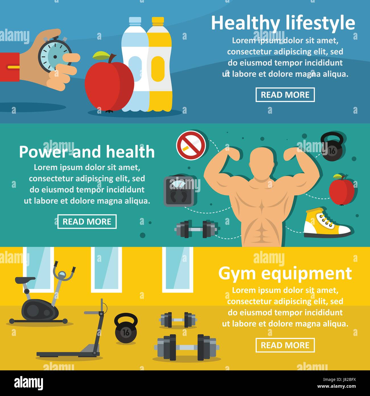 Gym Healthy Banner Horizontal Set Flat Style Stock Vector Art