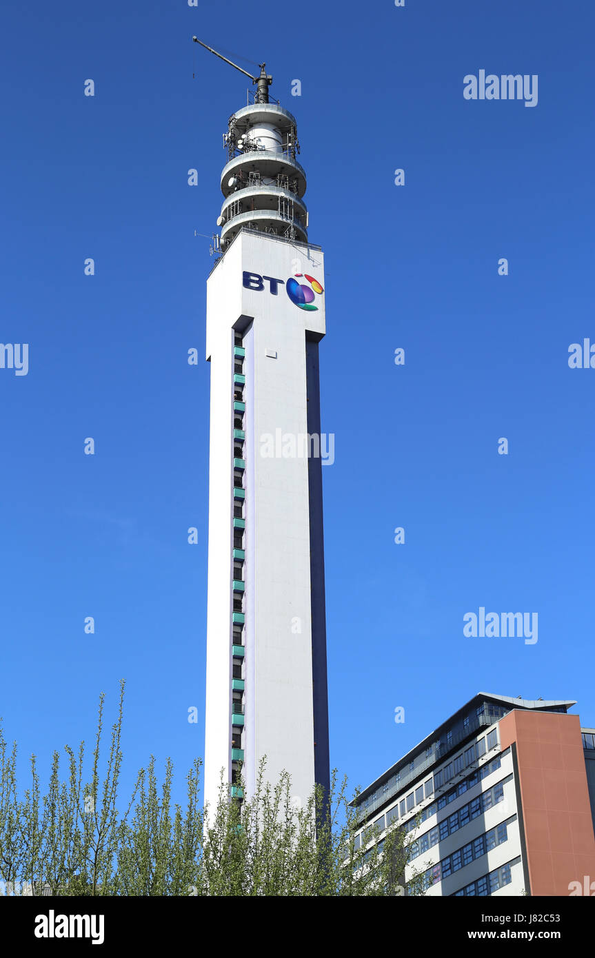 The BT Tower communications tower in Lionel St, Birmingham city centre, England, United Kingdom. Stock Photo