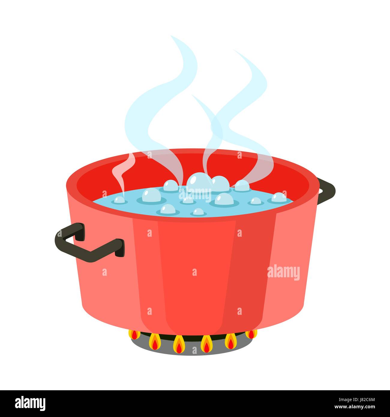 Boiling water in pan Red cooking pot on stove with water and steam Flat design vector Stock Vector