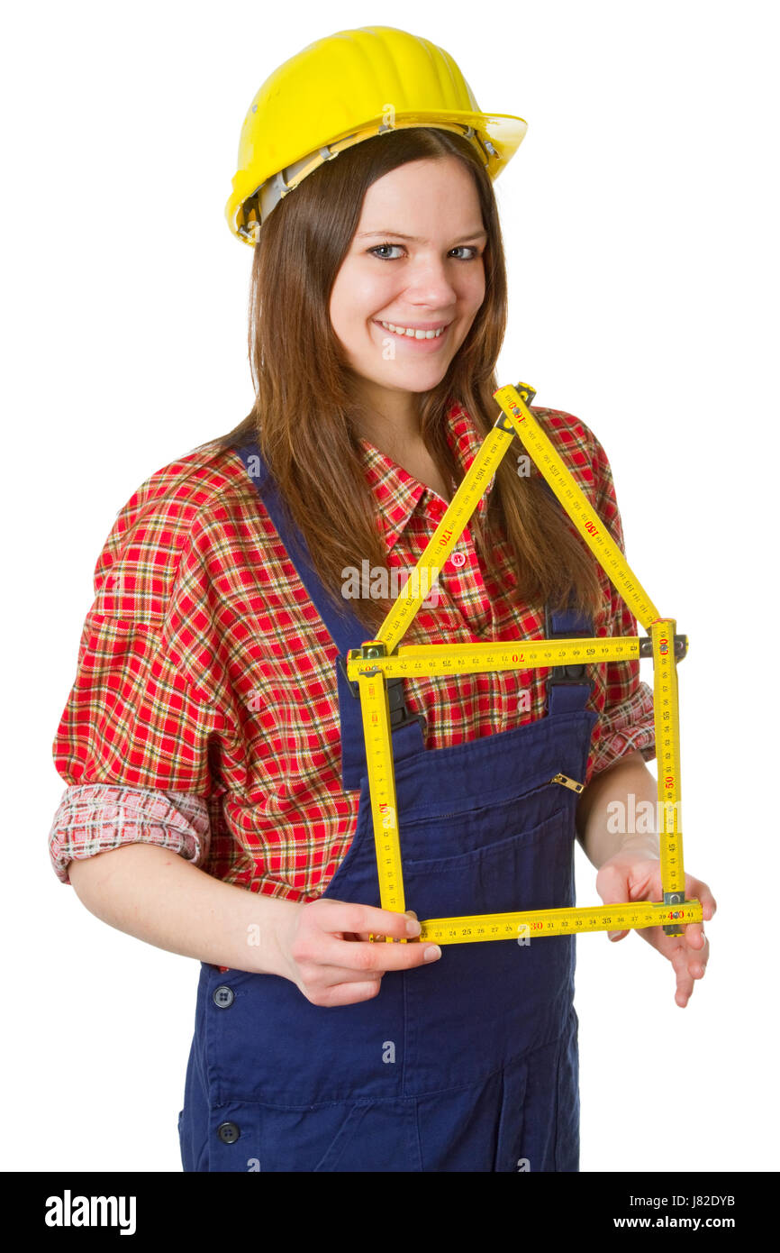 friendly craftswoman with folding rule Stock Photo