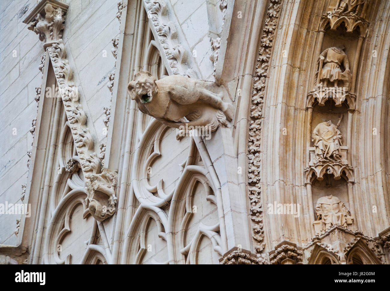France, Lyon, a gargoyle glares against the backdrop of beheaded angel statues in the alcoves at the front elevation of St. John the Baptist's Cathedr Stock Photo