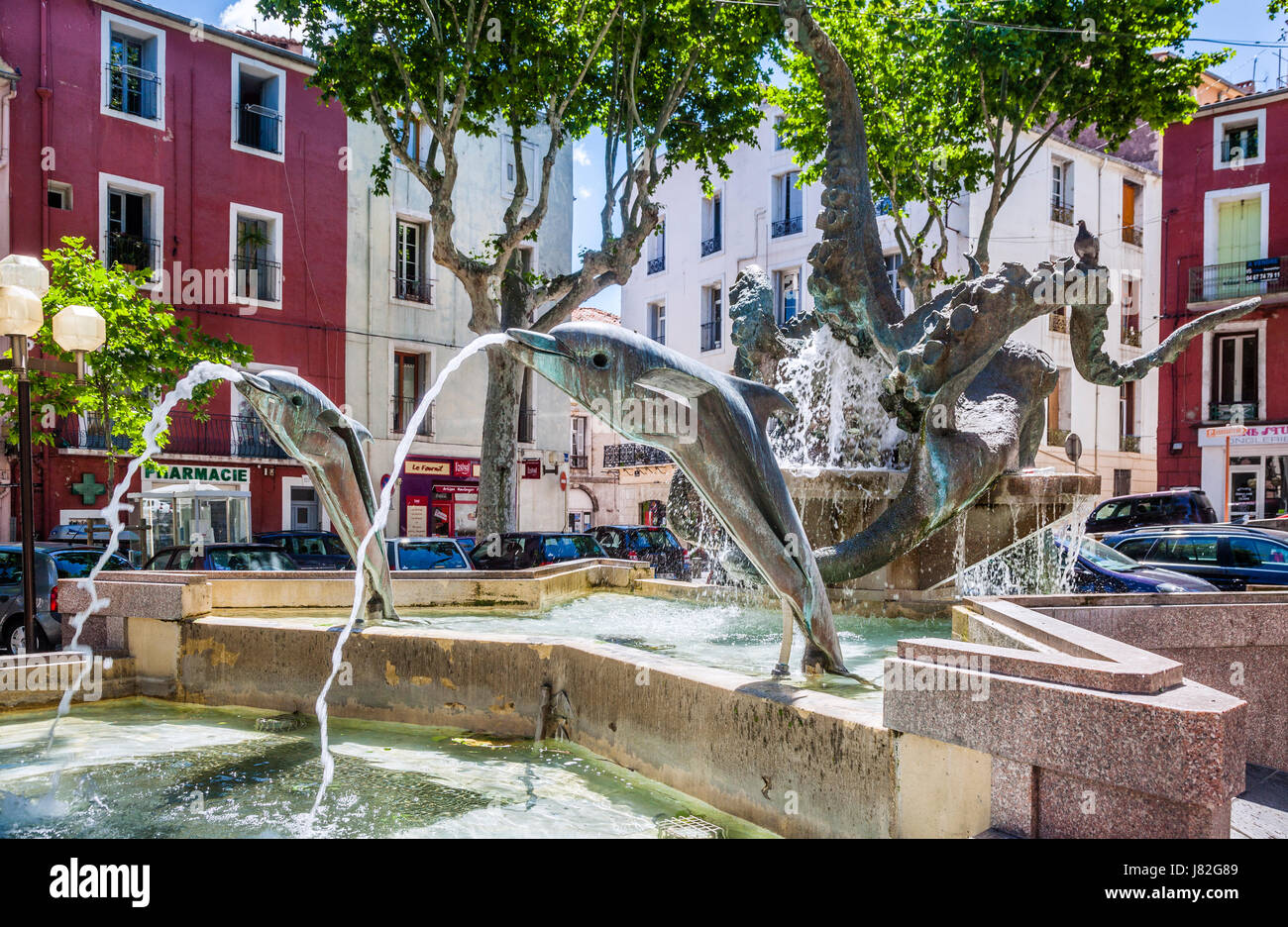 France, Languedoc-Roussillon, Sète, Fontain de poulpe, octopus fountain by sculptor Pierre Nocca Stock Photo
