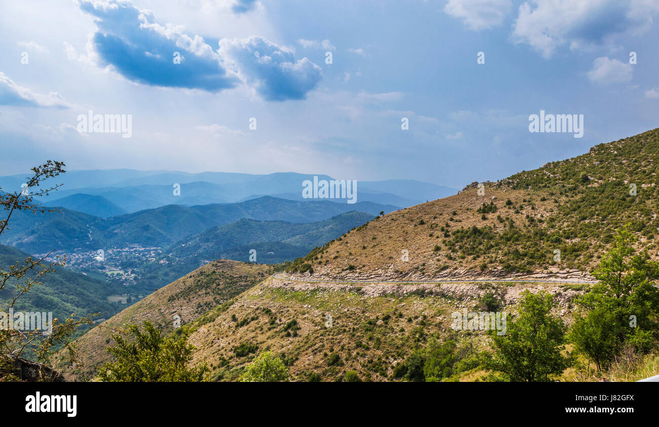 France, Languedoc-Roussillon-Midi-Pyrenees region, department Gard, view from Col du Lac in the Cevennes near Sumene Stock Photo