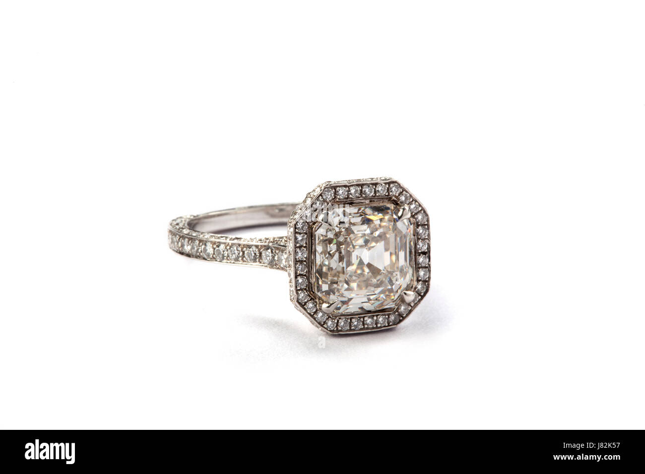 Single stone Asscher cut internally flawless diamond ring.  Valued at over £20,000 Stock Photo
