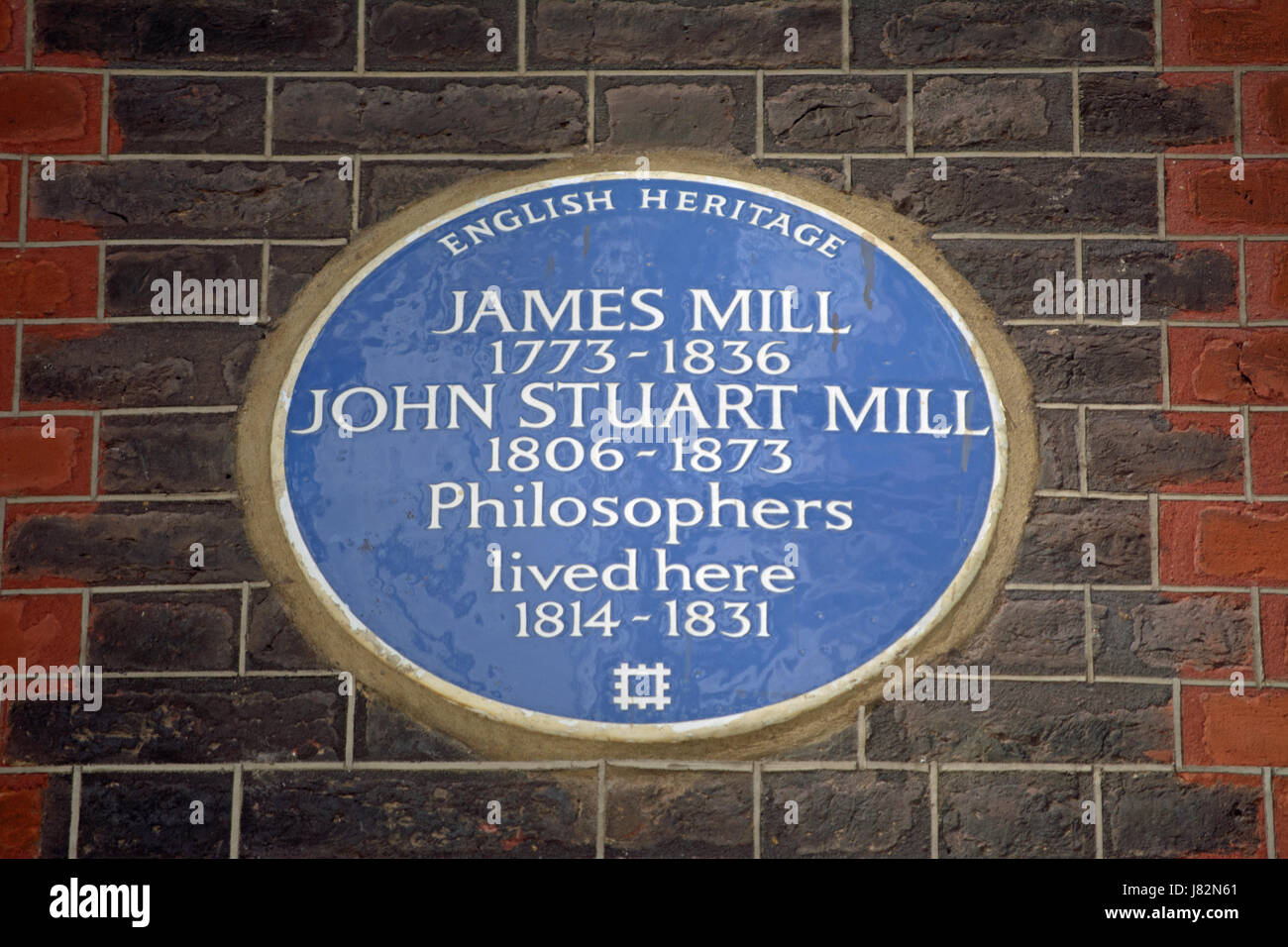 english heritage blue plaque marking a home of father and son philosophers james mill and john stuart mill, st annes gate, london, england Stock Photo