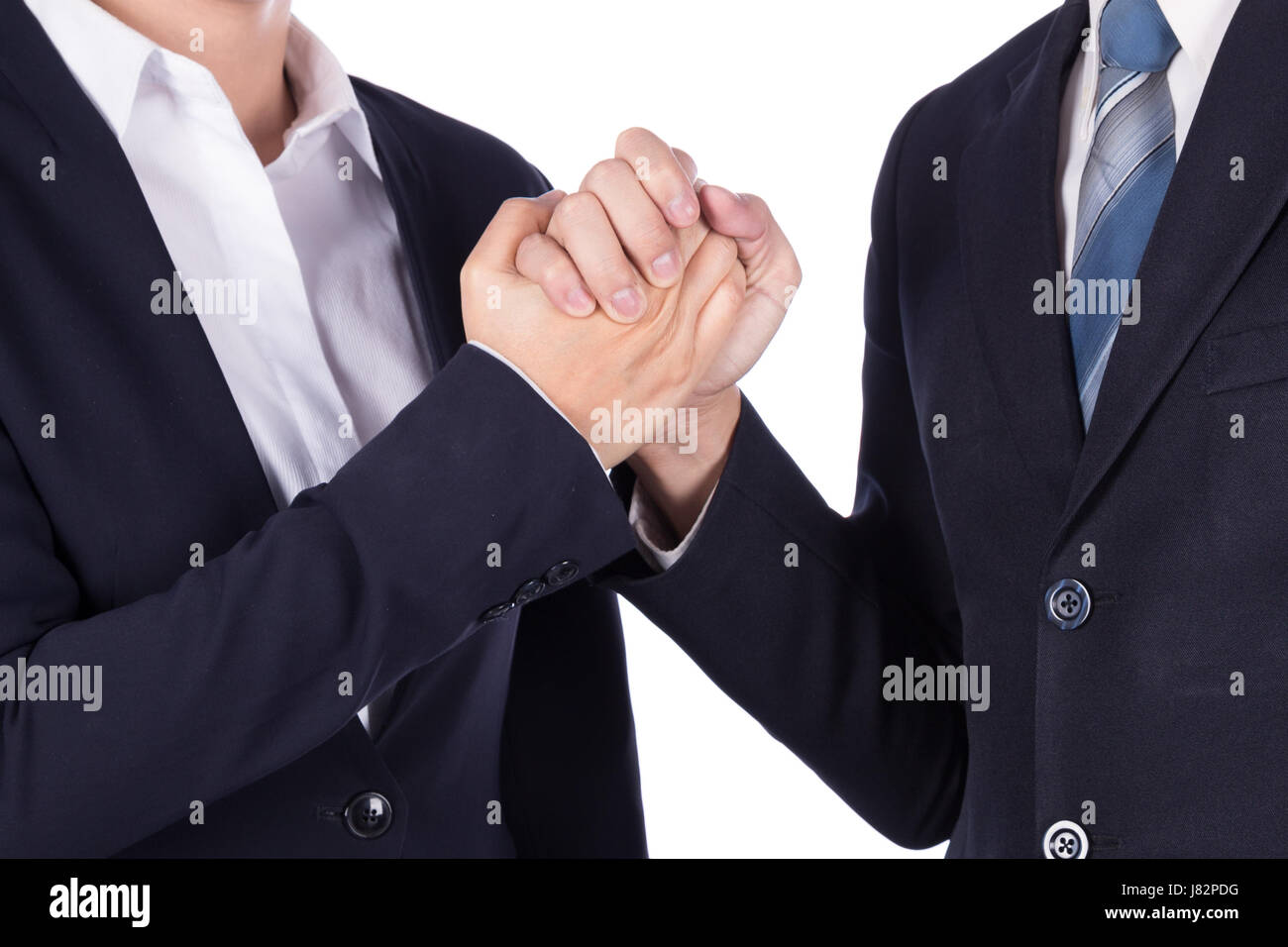 Arm wrestling between businessman and businesswoman isolated on white background Stock Photo