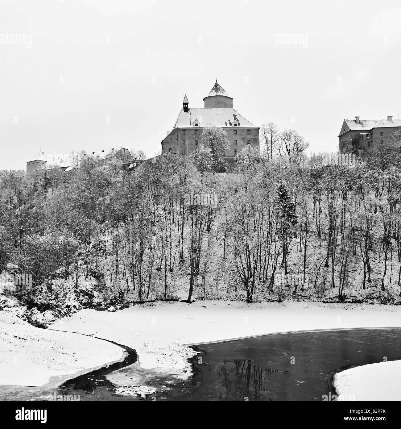 Winter landscape with a beautiful Gothic castle Veveri. Brno city - Czech Republic - Central Europe. Stock Photo