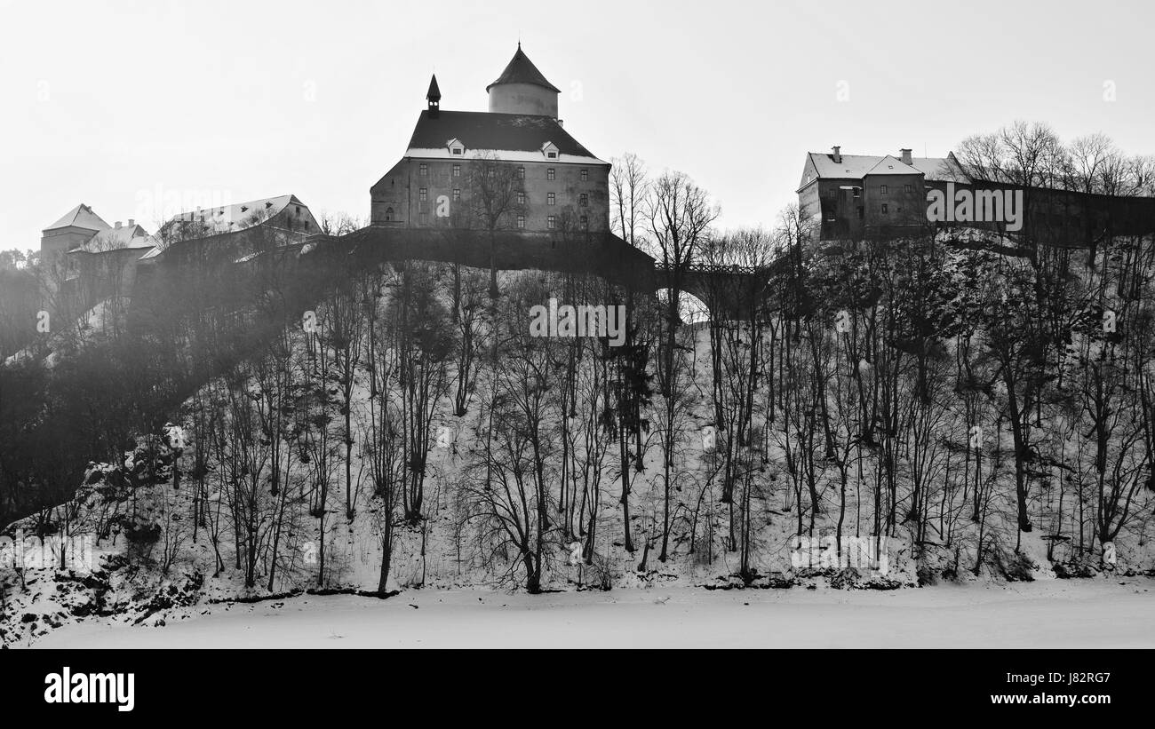 Winter landscape with a beautiful Gothic castle Veveri. Brno city - Czech Republic - Central Europe. Stock Photo