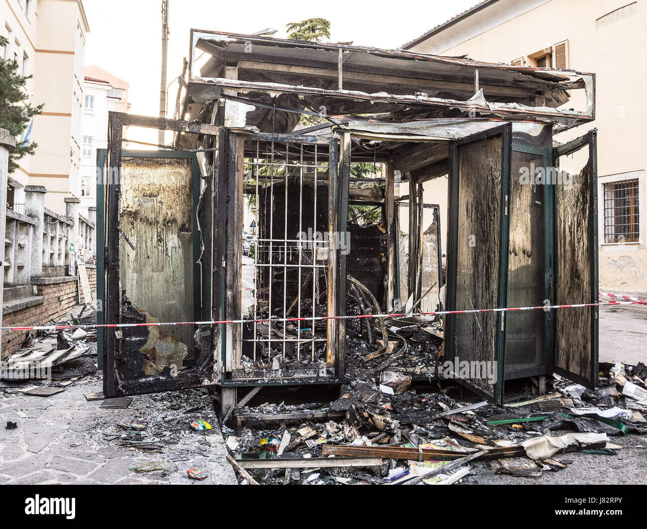 Chieti, Italy - March 19, 2017: Newsstand burned in the center of Chieti by vandals Stock Photo