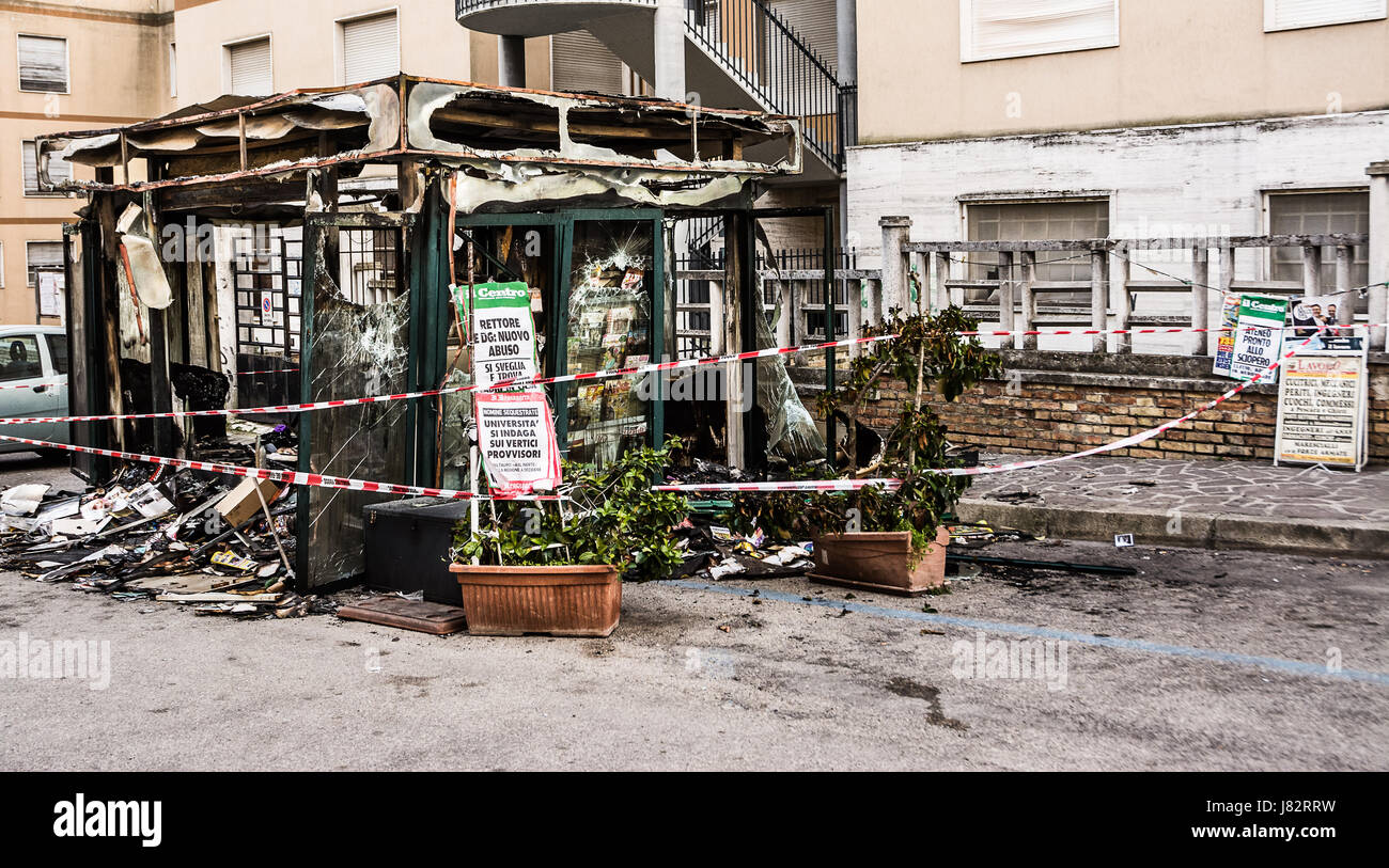 Chieti, Italy - March 19, 2017: Newsstand burned in the center of Chieti by vandals Stock Photo