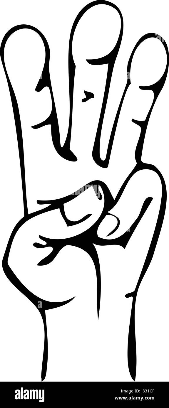 Cartoon line drawing of human hand showing 3 fingers Stock Vector