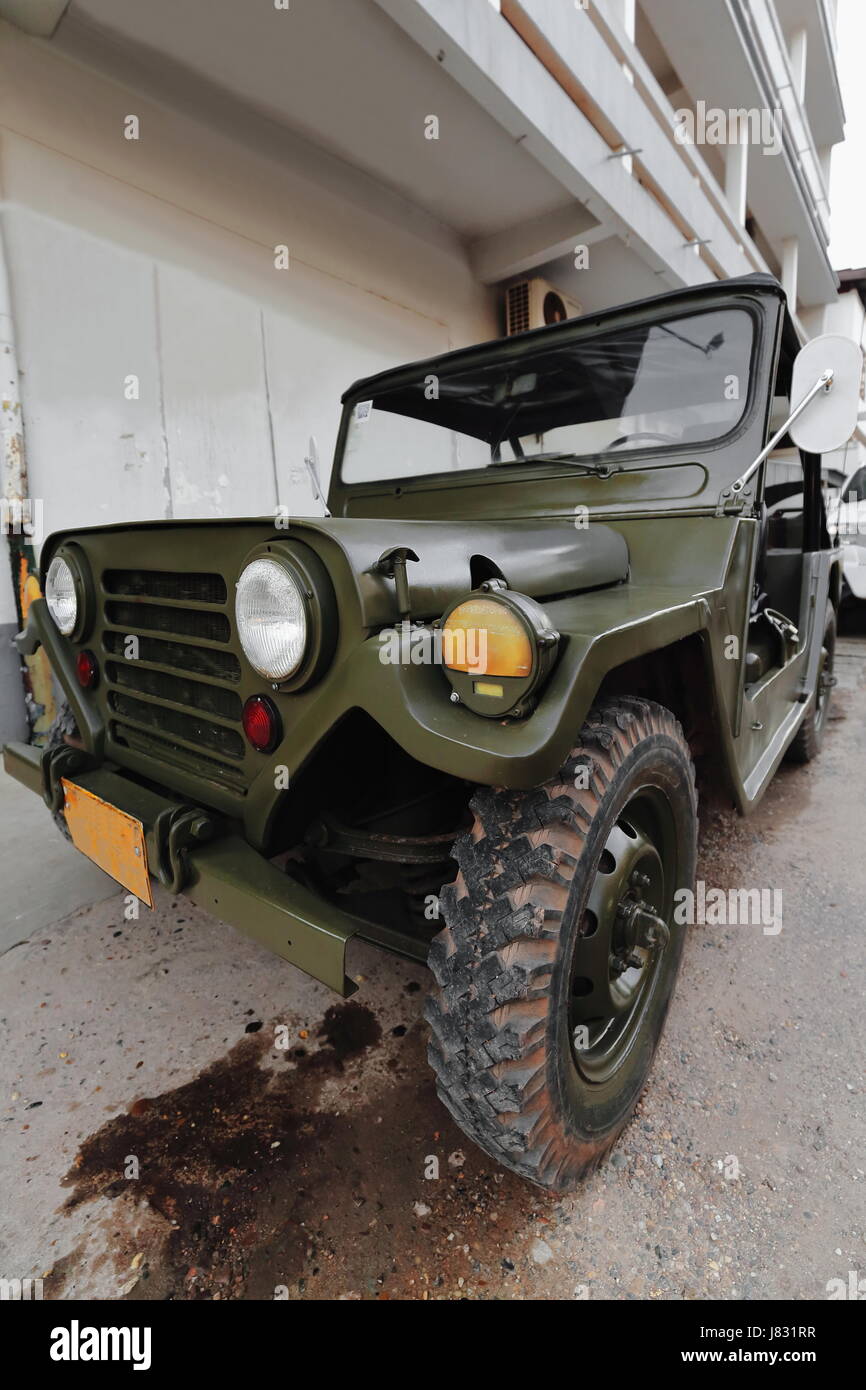 Old off-road four-wheel drive vehicle originally designed for the US army and navy and now serving civilian-agricultural-recreational purposes station Stock Photo