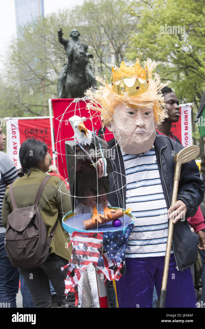 May Day demonstration & march at Union Square in New York City. People addressed immigration, wages, the Trump administration in general as well as other social & political issues. Stock Photo