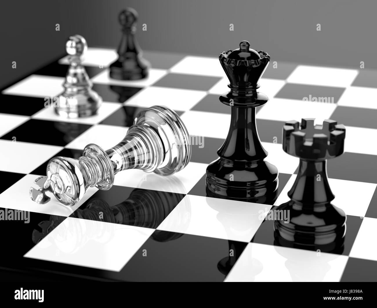 Chess Board with King, Queen and Rook in Checkmate. Stock