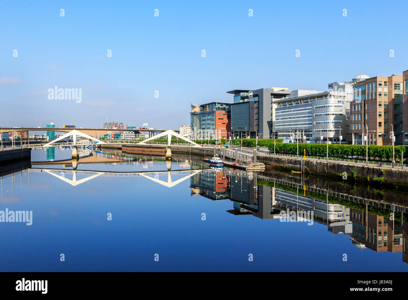 Broomielaw, Glasgow with the business, banking and commerce district viewing along the River Clyde toward the Tradeston Bridge known locally as the Sq Stock Photo