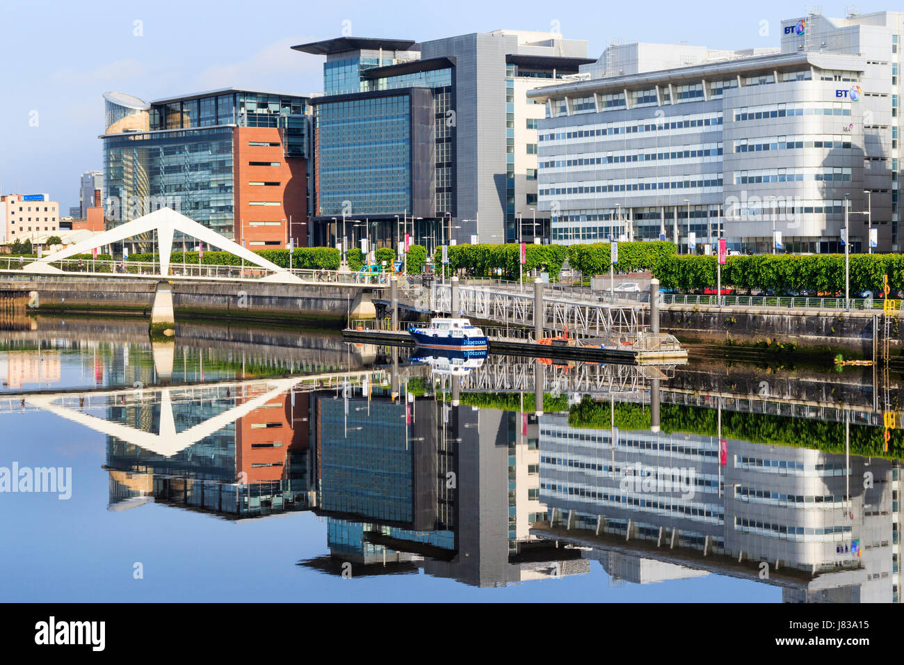 Broomielaw, Glasgow with the business, banking and commerce district viewing along the River Clyde toward the Tradeston Bridge known locally as the Sq Stock Photo