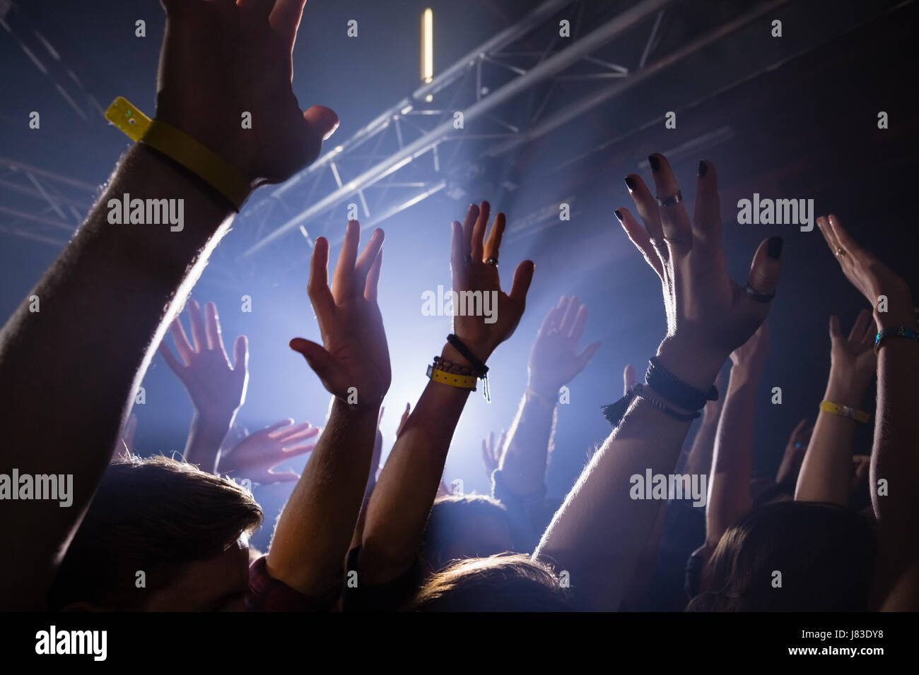 Group of people dancing at a concert in nightclub Stock Photo