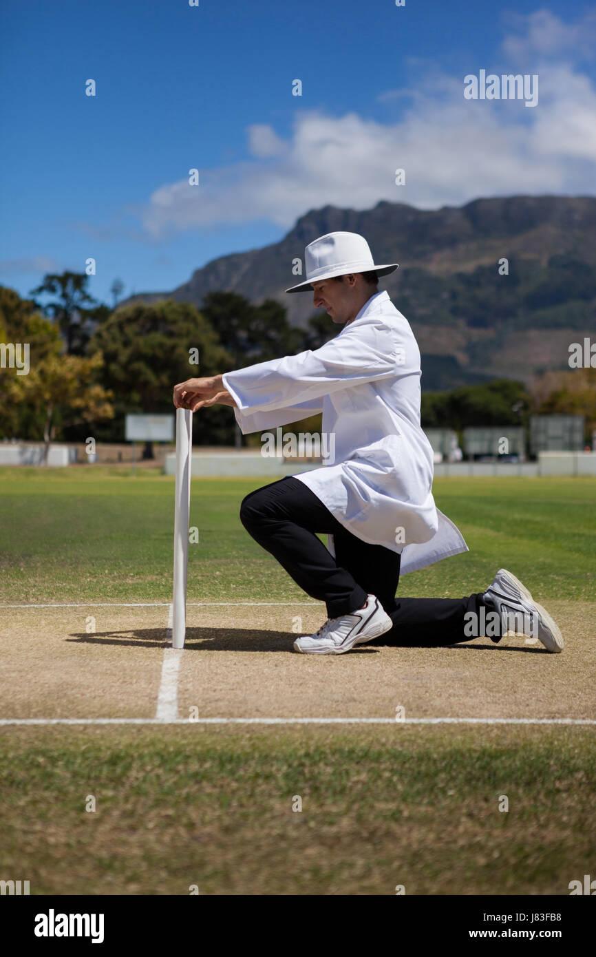 Side view of cricket umpire putting bails on stumps at field during match Stock Photo