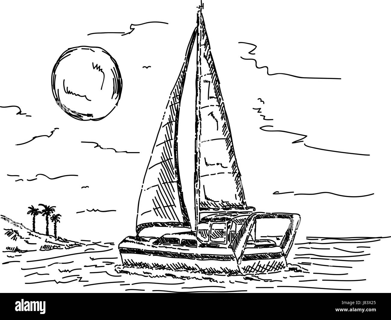 colour illustration paint outline draw ship line cartoon sailing boat  sailboat Stock Photo - Alamy