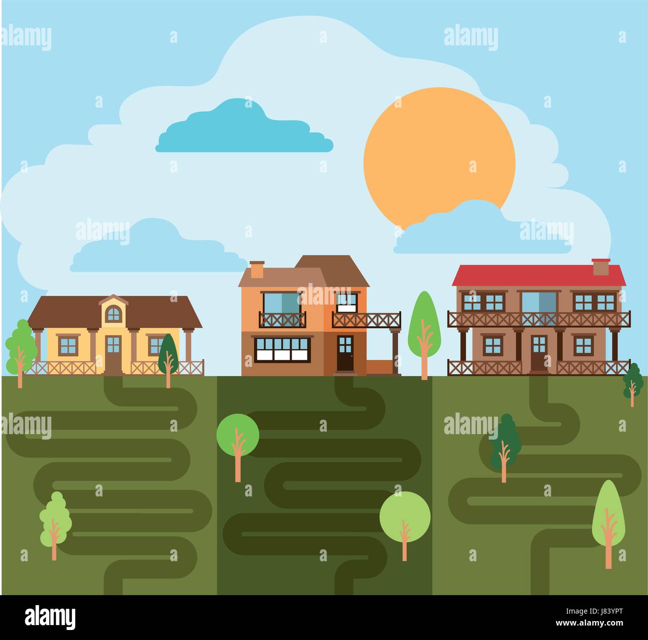 colorful landscape with group of country houses Stock Vector Image ...