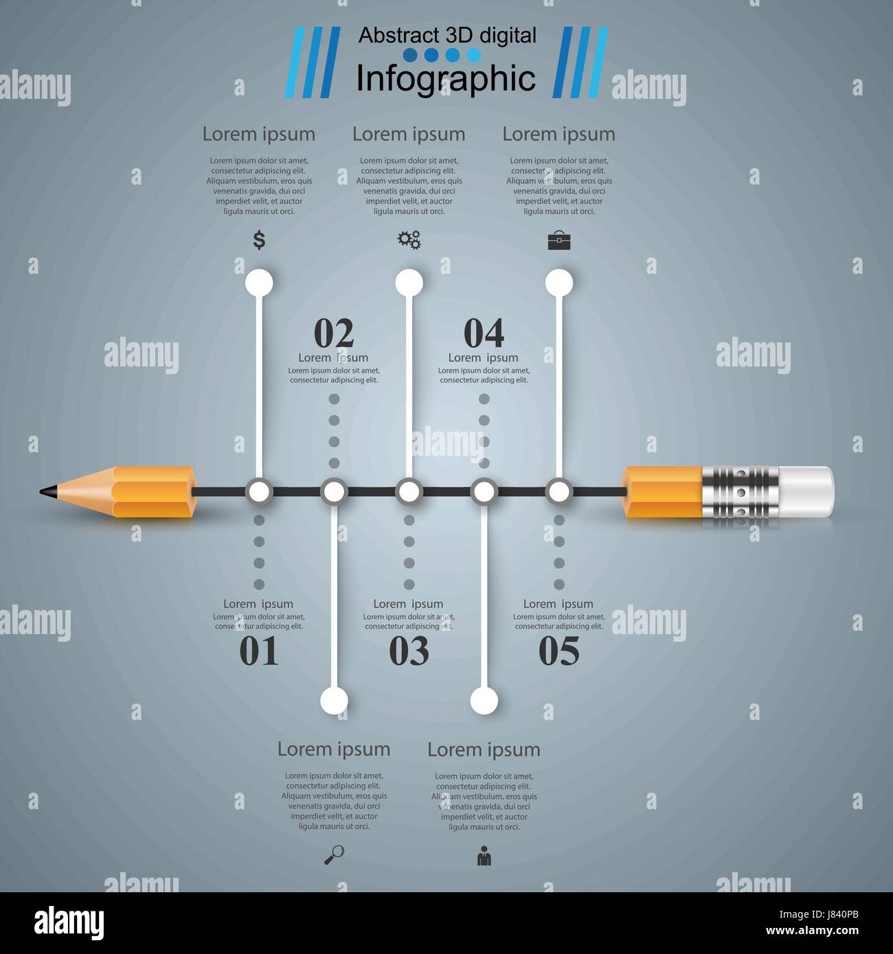 Road 3D digital illustration Infographic. Pencil icon. Stock Vector
