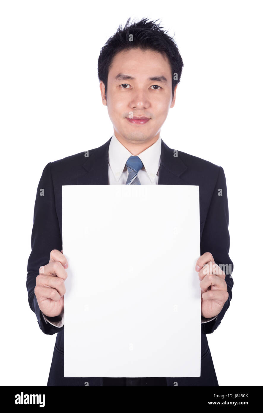 Pretty man holding empty white paper poster. Big billboard in