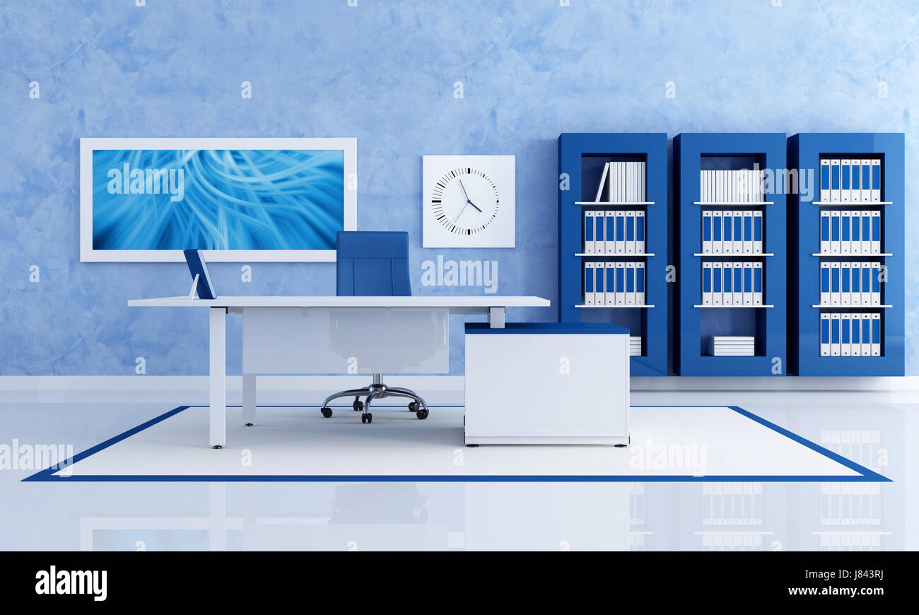 armchair blue office book desk furniture modern modernity room interior clock Stock Photo