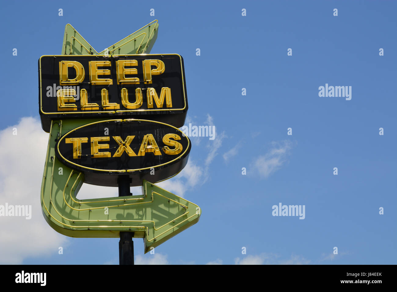 The iconic arrow sign to the Deep Ellum music and entertainment district east of downtown Dallas. Stock Photo