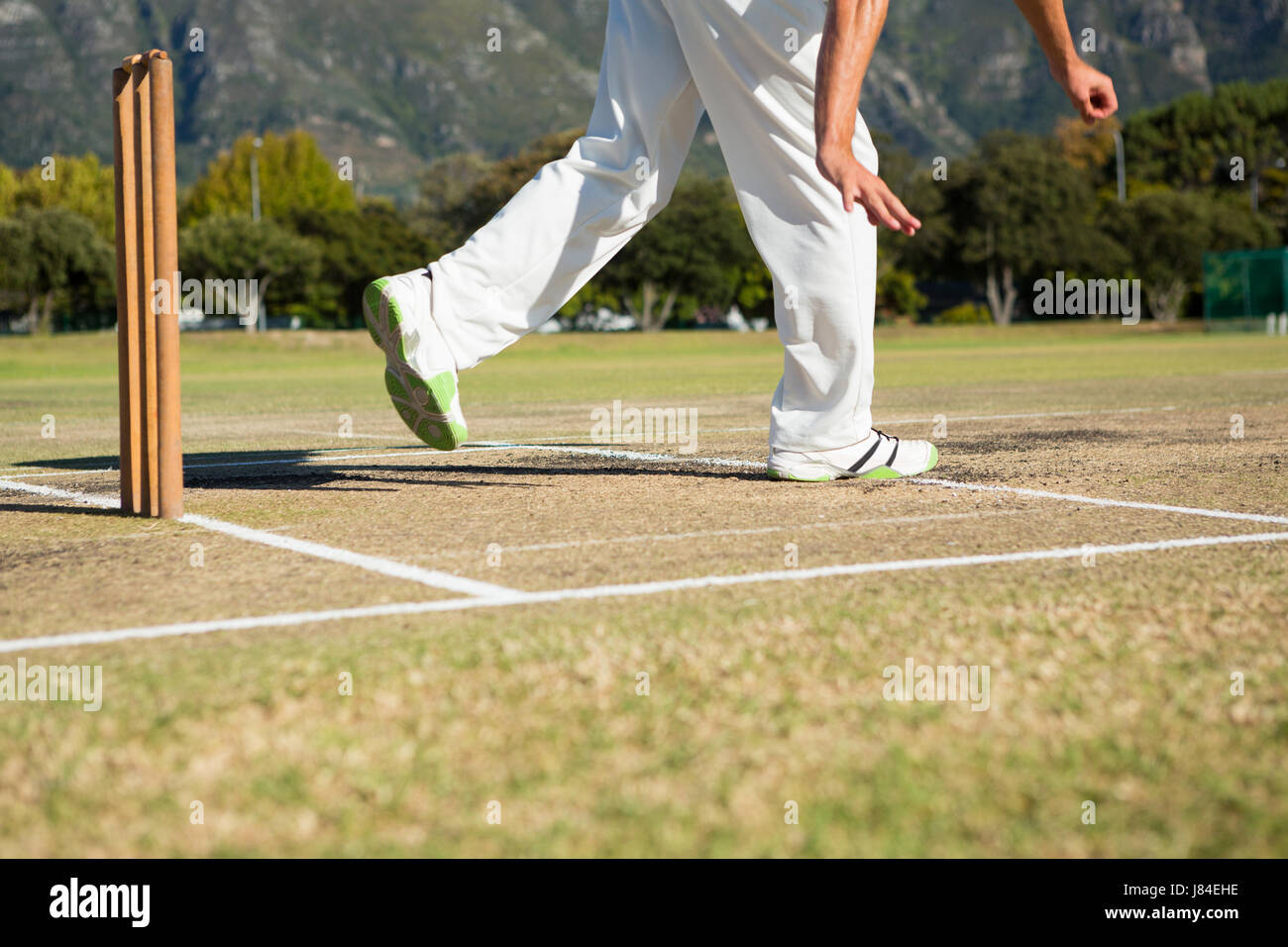 Low section of player standing by stumps at cricket field on sunny day Stock Photo
