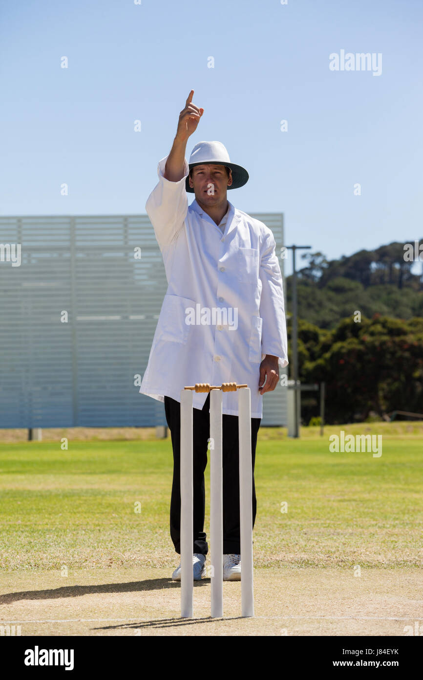 Cricket umpire signalling out during match on sunny day against clear