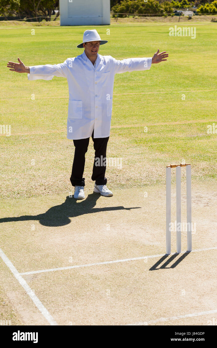 Cricket umpire signalling wide ball during match on sunny day Stock Photo