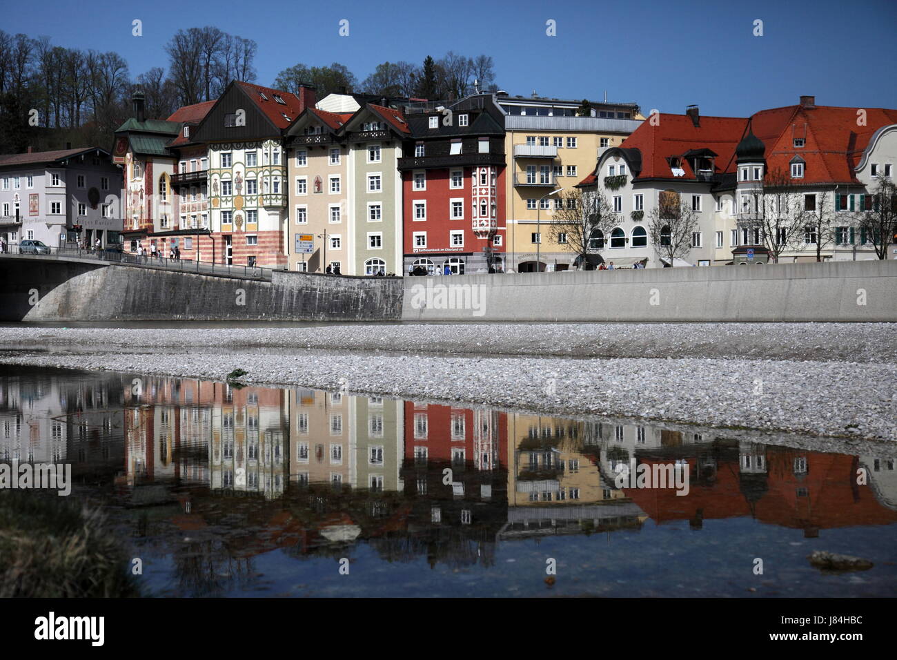 houses bavaria mirroring upper bavaria spa mineral spring medicinal spring Stock Photo