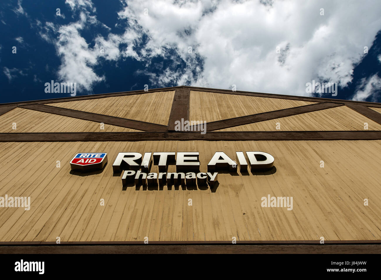 Park City, UT, May 12, 2017: Rite Aid pharmacy sign above the entrance to the drug store is lit by the sun. Stock Photo