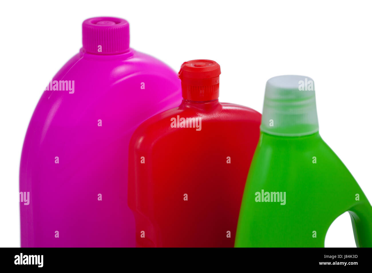 Various detergent containers arranged on white background Stock Photo