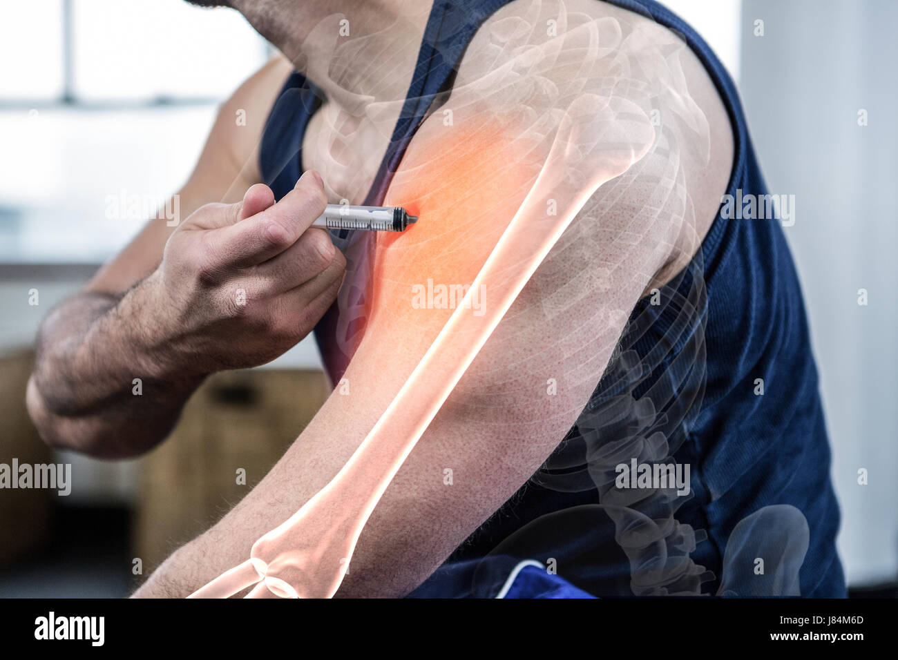 Digital composite of highlighted arm of strong man injecting anabolic ...