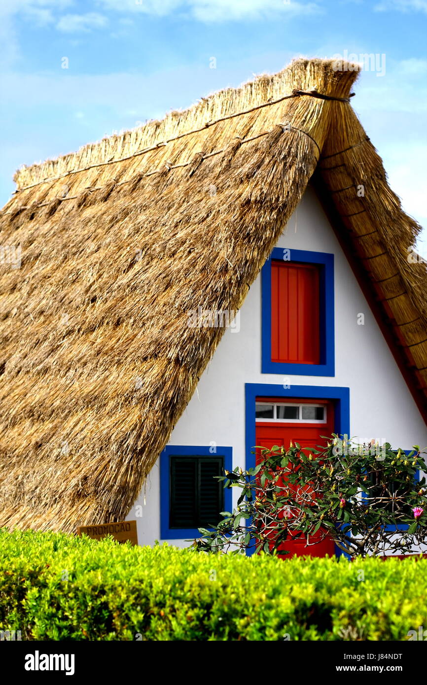 house building cottage madeira straw thatched blue house building holiday Stock Photo
