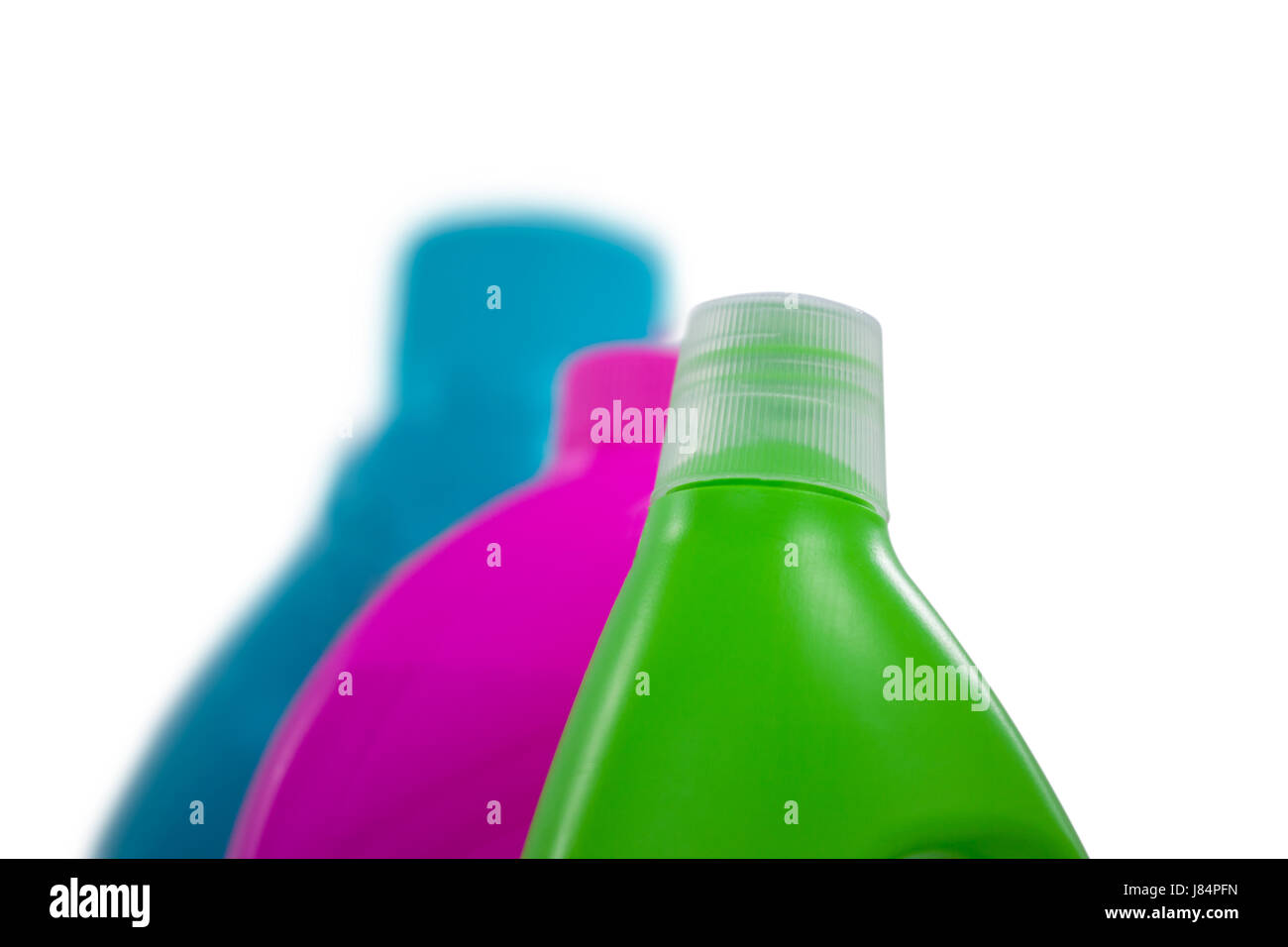 Various detergent containers arranged on white background Stock Photo