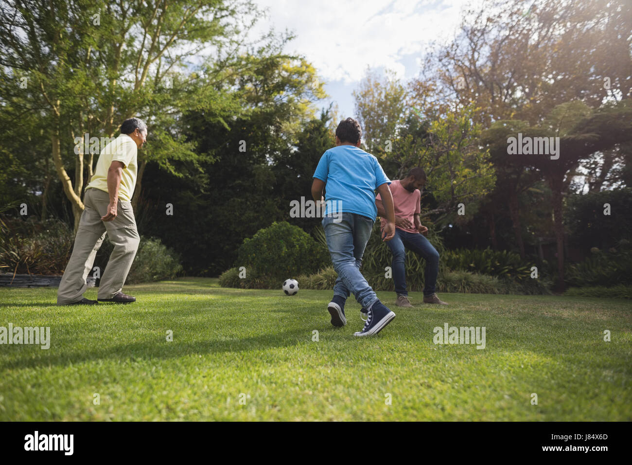 Multi-generation family playing soccer together at park Stock Photo - Alamy