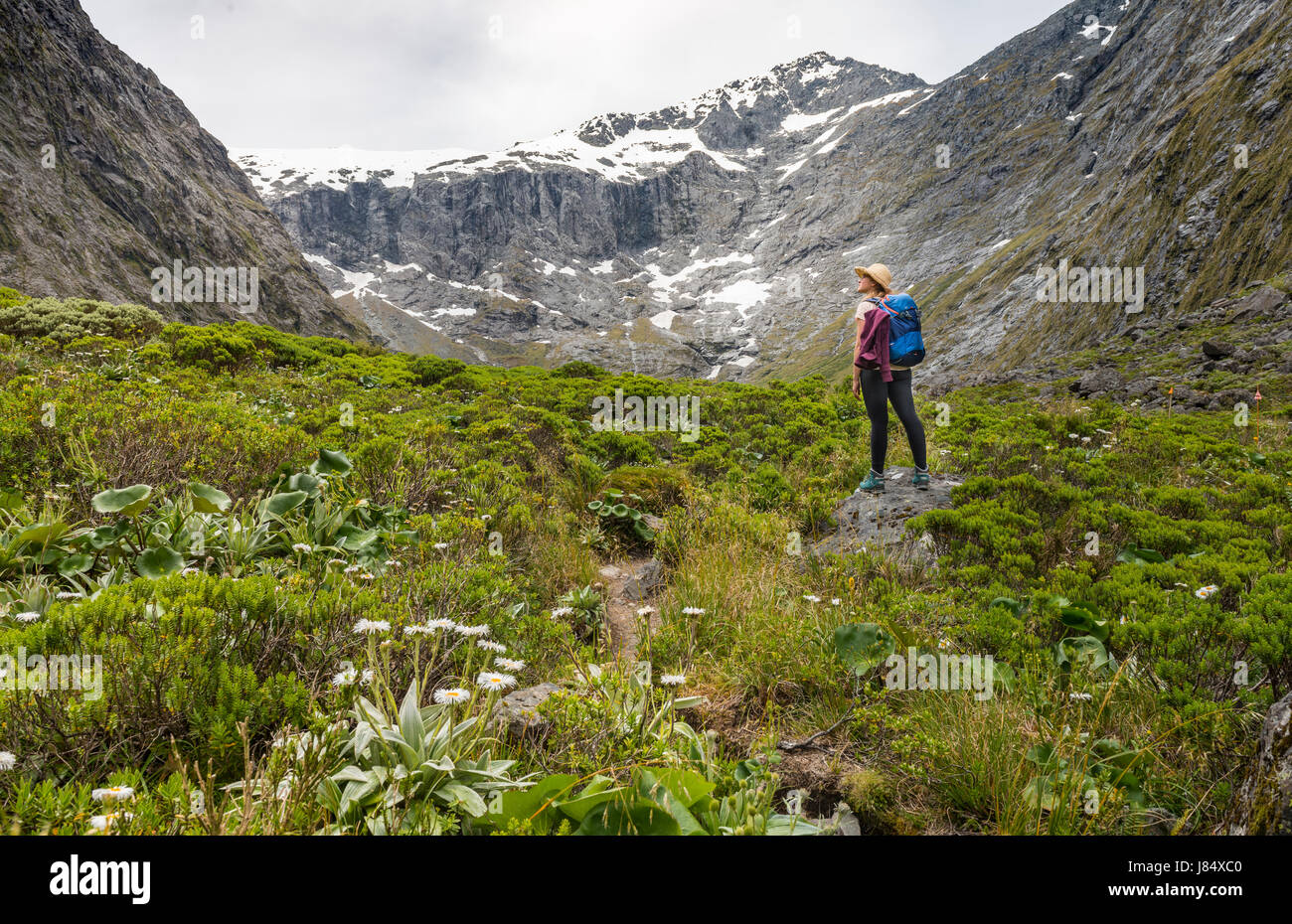 Female hiker looking at mountains, Fiordland National Park, Southland, New Zealand Stock Photo